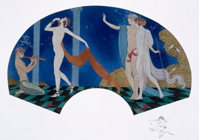 Fan design with classical image of Pan playing the pan-pipes and a dancer and couple in a wood, from 